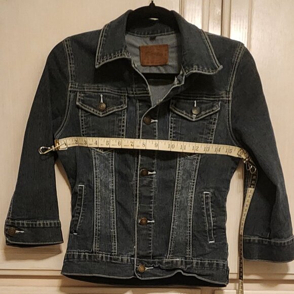 Tappitytap | Dark Indigo Stretch 3/4 Sleeve Denim Button Front Jacket | Medium - Picture 6 of 7